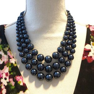 Navy Blue Gold Layered Pearl Necklace 3 Strand Chunky Multi Statement Big Dark